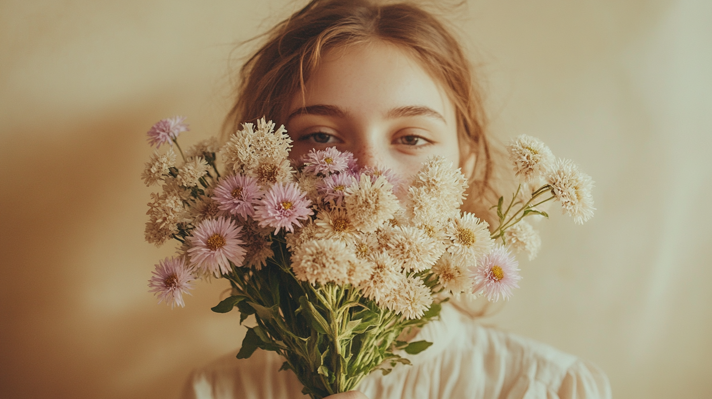 Portrait of a woman holding a bouquet of asters in front of her face, with soft natural light and a neutral background.