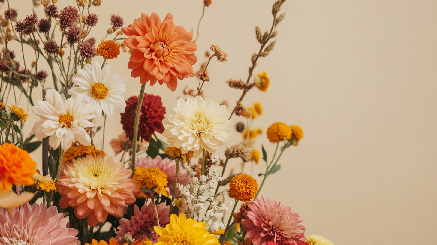 Elegant close-up of mixed fall flowers — chrysanthemums, dahlias, and asters — styled against a neutral backdrop in natural light.