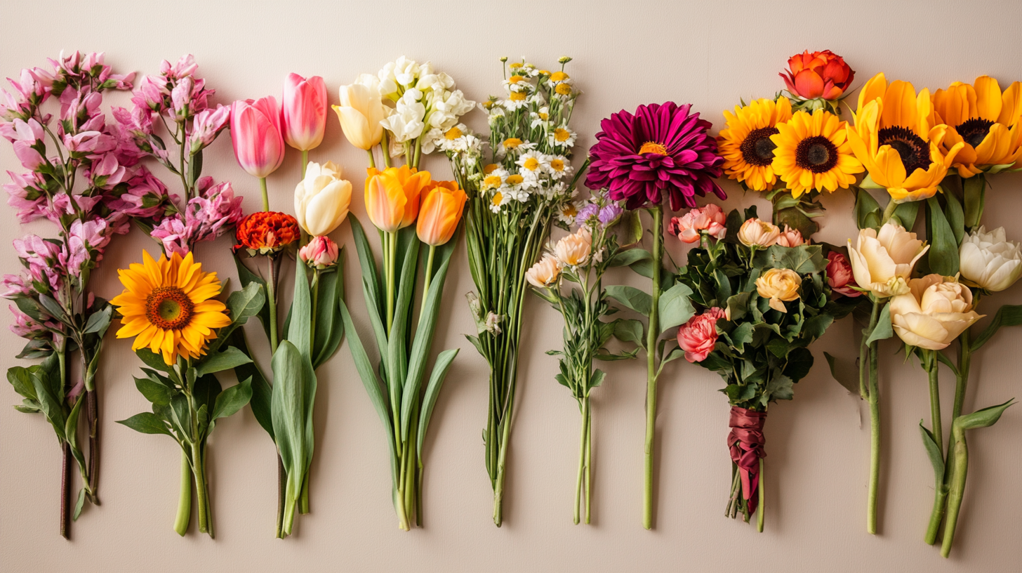 Flat lay of seasonal flowers grouped by spring, summer, autumn, and winter — including tulips, sunflowers, chrysanthemums, and poinsettias — arranged on a neutral background with natural light.