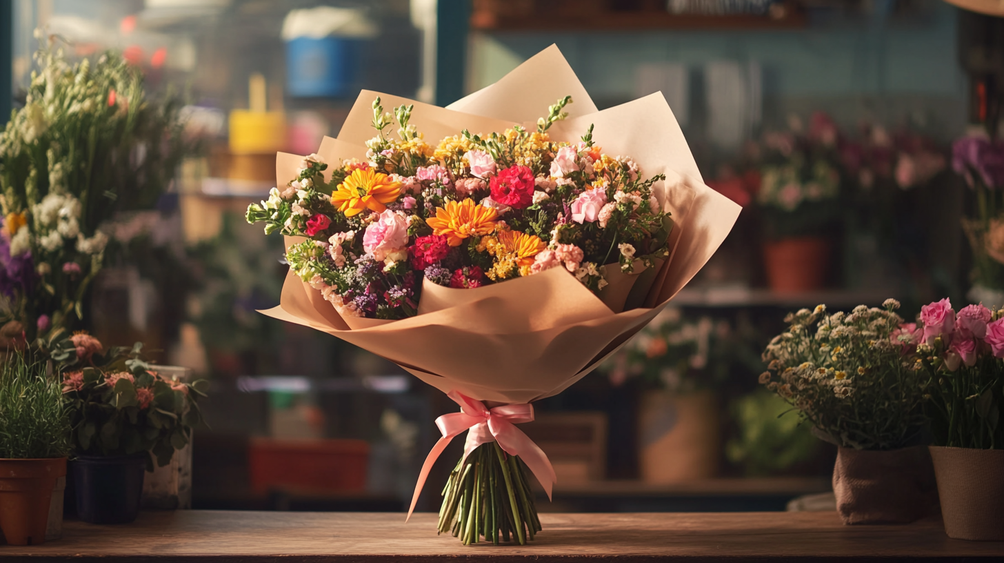 Pre-wrapped flower bouquet on pickup counter in florist’s studio.
