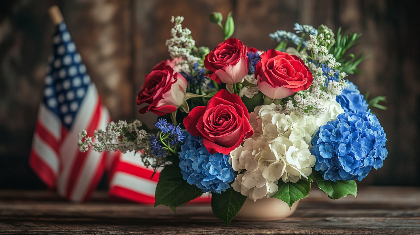 Patriotic flower arrangement with red, white, and blue blooms styled for a 4th of July celebration table.