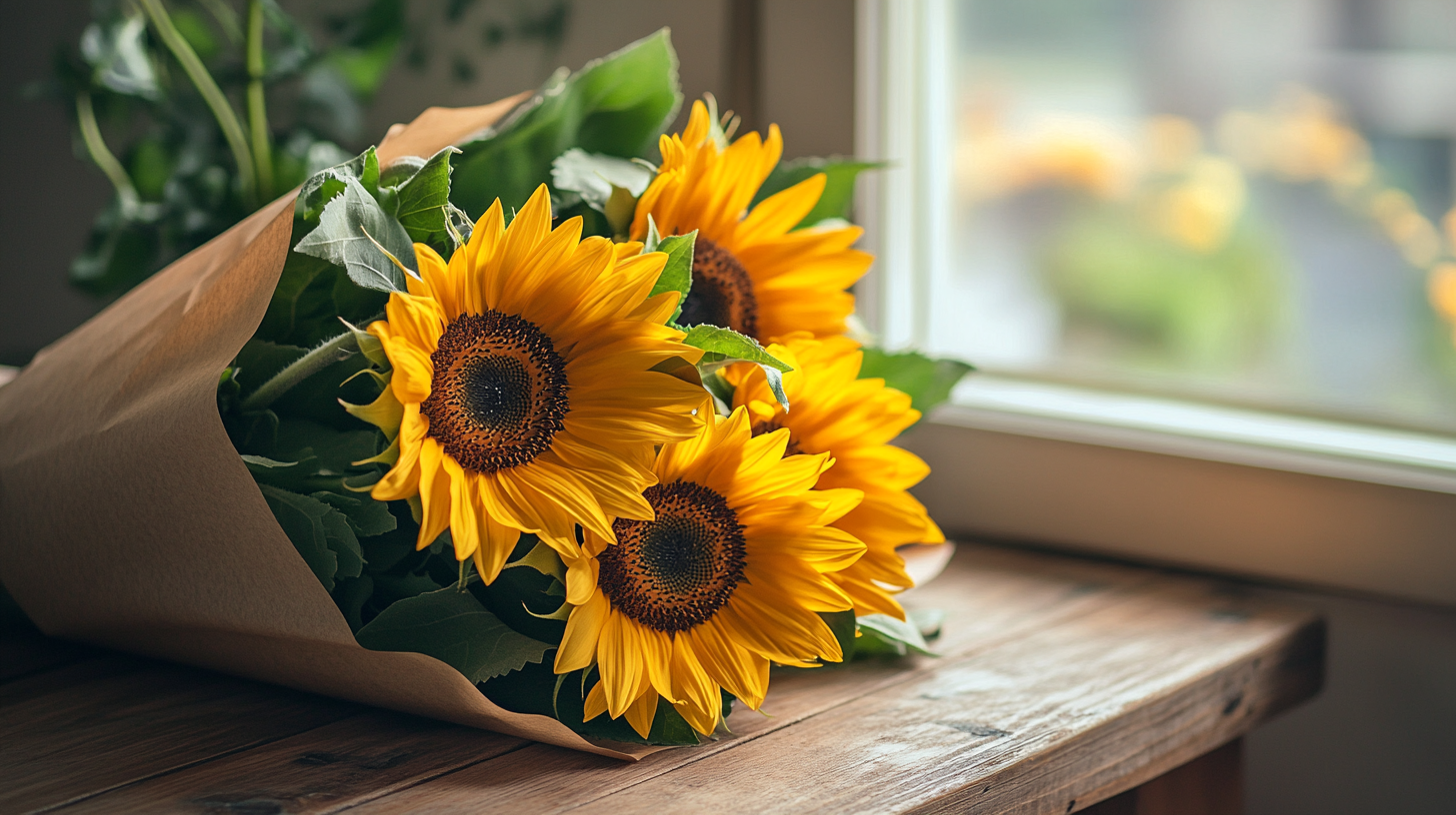 Bright sunflower bouquet on table by sunny florist window.