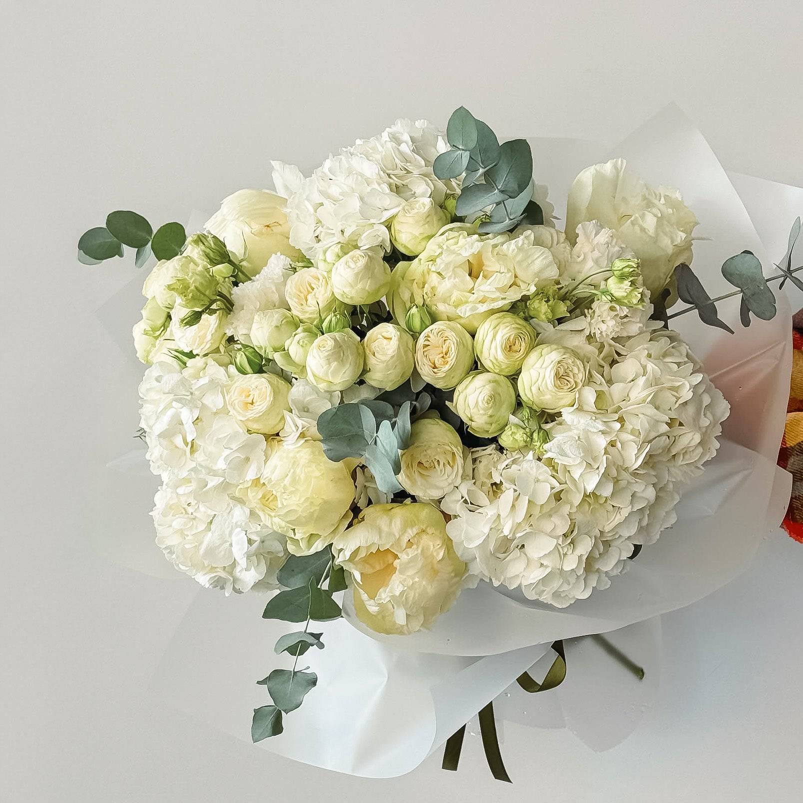 Pure Elegance bouquet with white roses and hydrangeas in premium white wrap