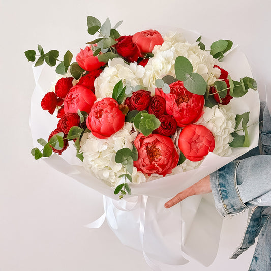 Scarlet Symphony – Red Peony & White Hydrangea Bouquet