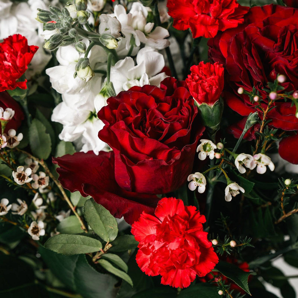 Detail of red roses, white spray carnations, and baby's breath in Timeless Red arrangement