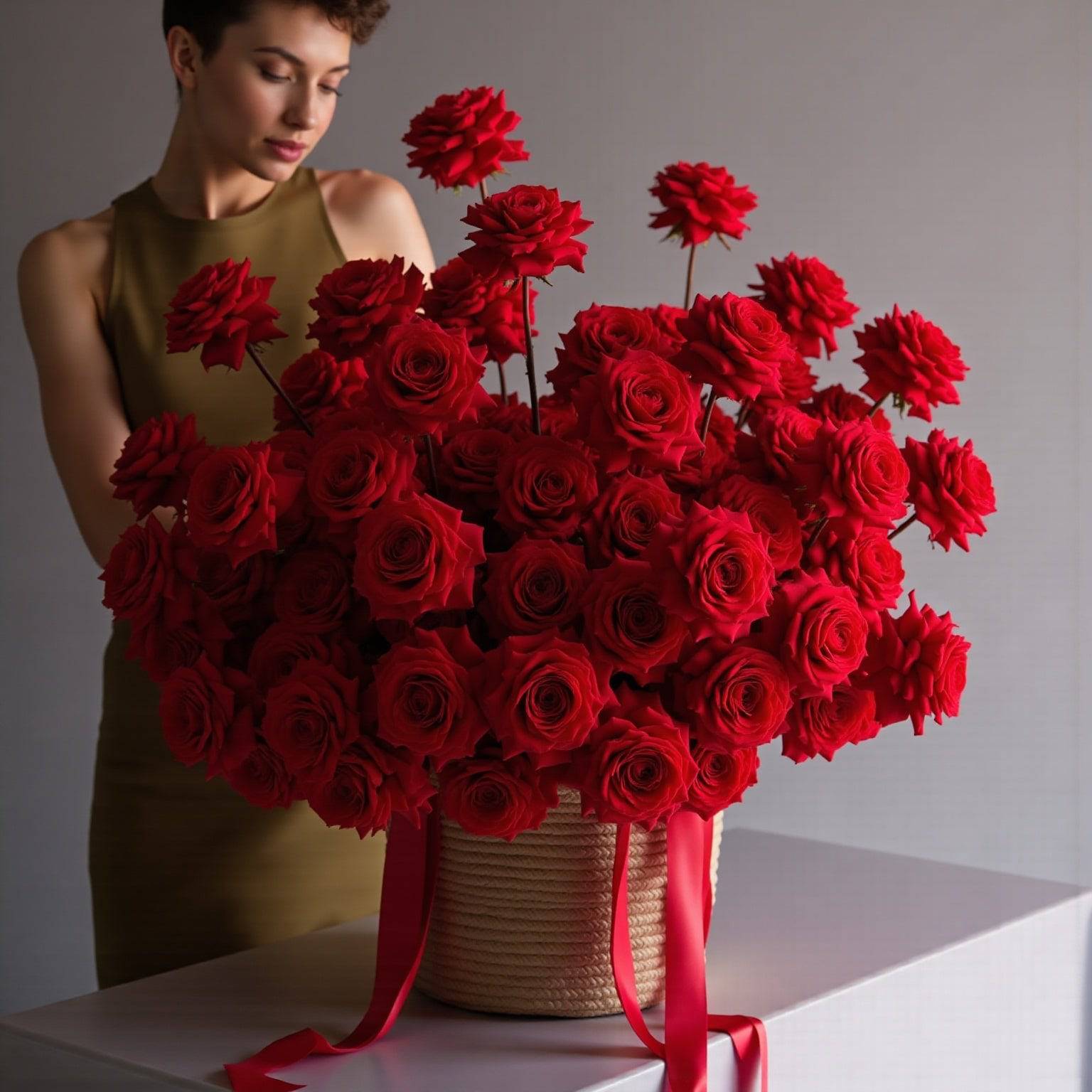 Stylized photo of two women presenting a rich red rose box with cascading ribbons—romantic and grand.