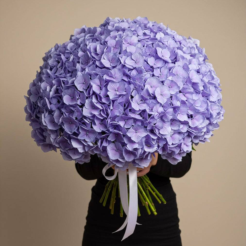 Large lavender purple hydrangeas styled with a white ribbon—graceful and luxe.