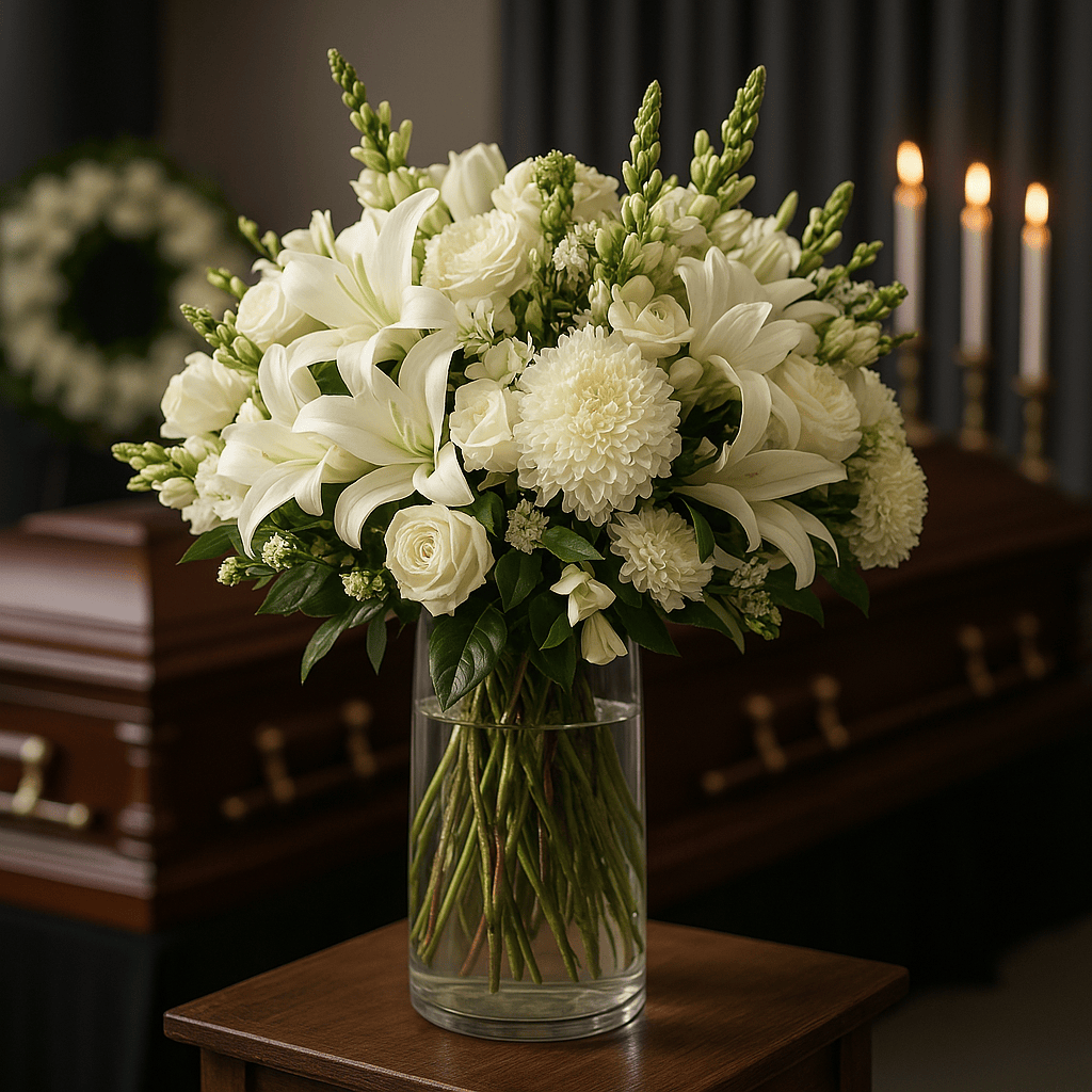 Heavenly Embrace White Funeral Vase Arrangement - Flowers Valley Shop