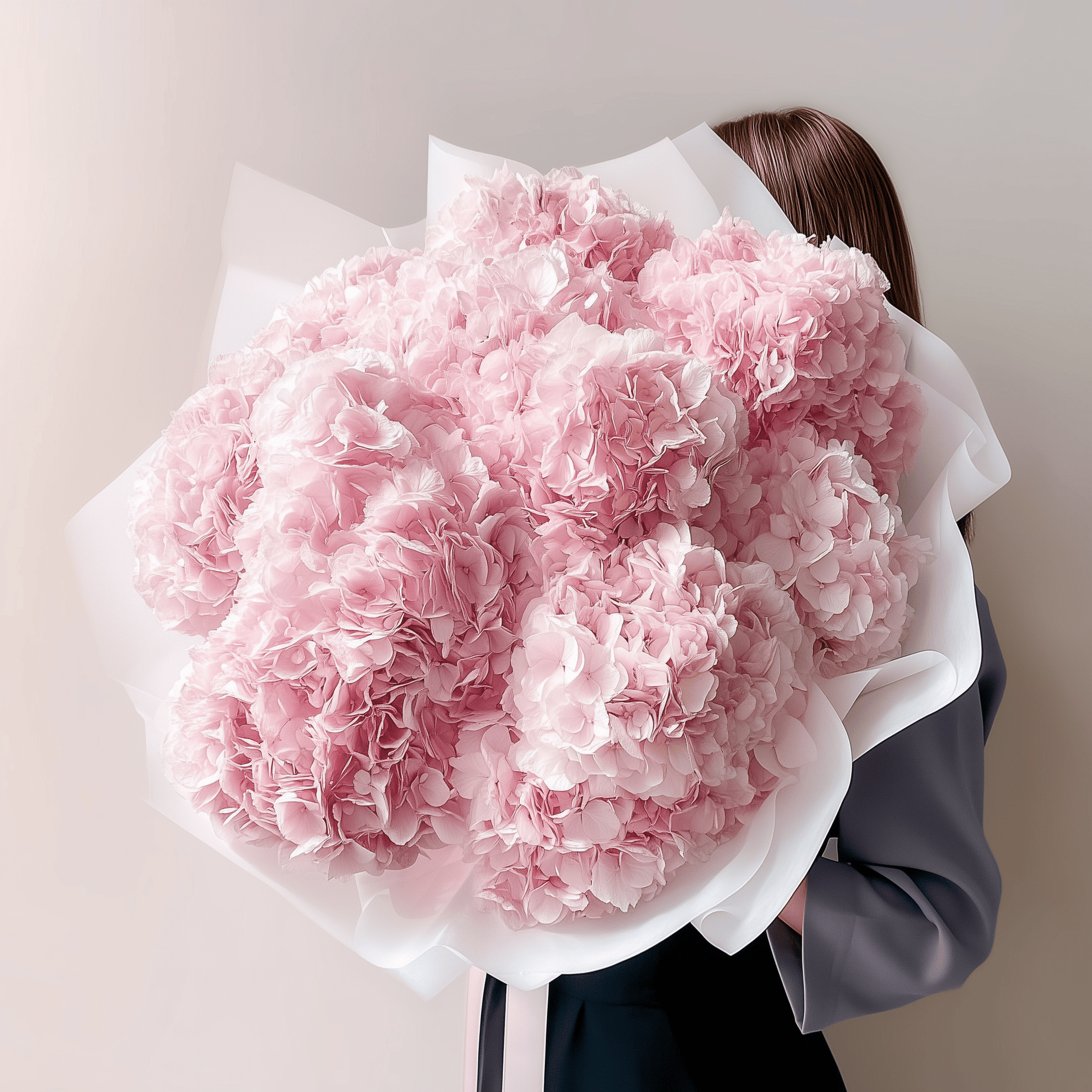 Pastel pink blooms densely packed in a neat dome, wrapped tightly for a polished finish.