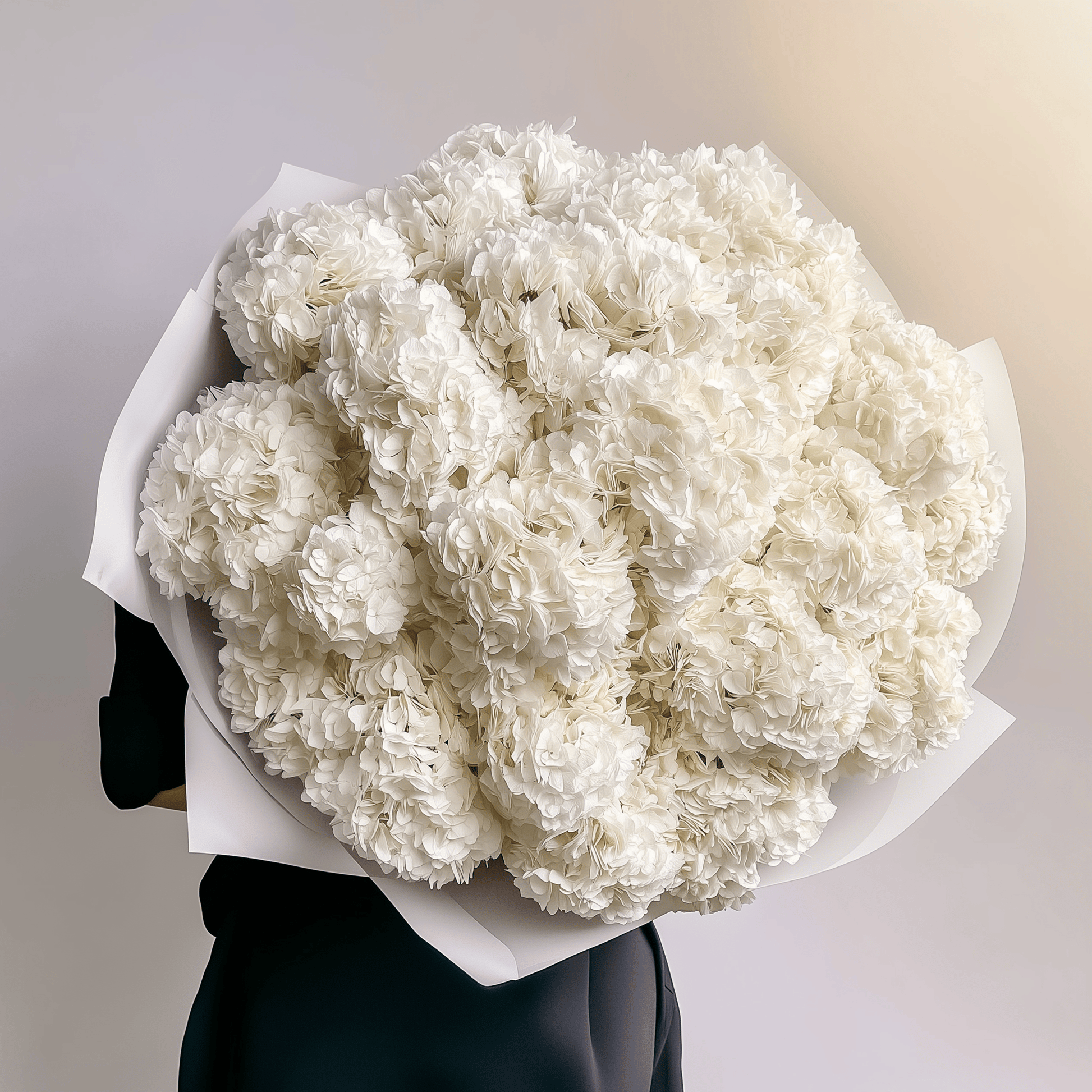 Creamy white hydrangeas with soft texture, wrapped in white—timeless and elegant.
