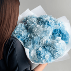 Mid-size sky blue hydrangea bouquet held from the back—light and airy design.