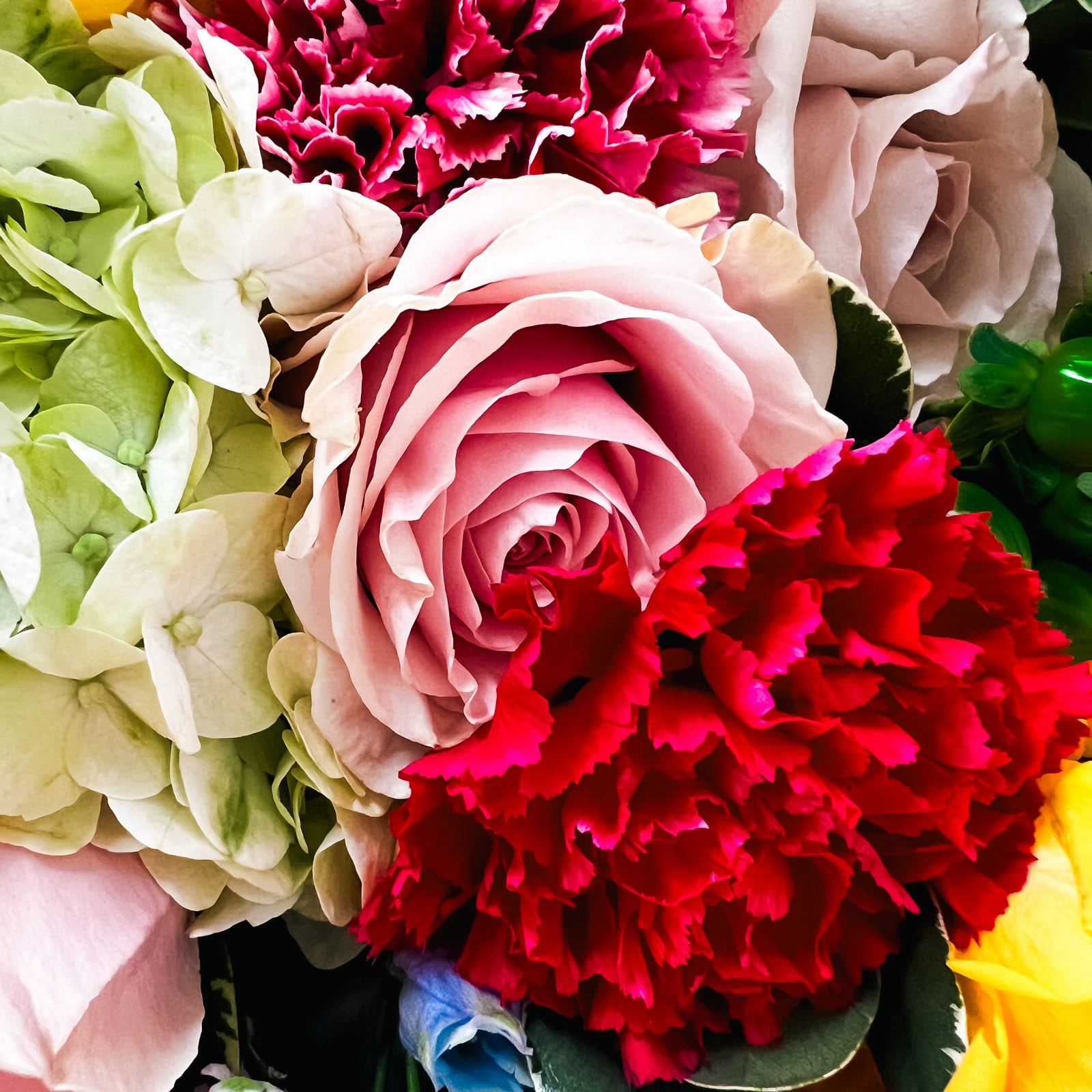 Close-up of the Tangerine Twist flower bouquet, showing vibrant red and pink roses with hydrangeas and other mixed fresh flowers, for premium Bay Area flower delivery.